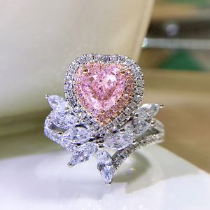 Coeur rose diamant bague 100% réel 925 argent sterling fête alliance anneaux pour femmes mariée promesse fiançailles bijoux cadeau