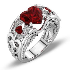Jewelry Ring Princess 925 Silver Red Ruby Gemstone Birthstone Wedding Engagement Heart Ring