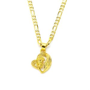 Pendentif coeur rose en or jaune massif 14 carats GF, chaîne à maillons Figaro italien, collier 24 3 mm pour femmes251Y