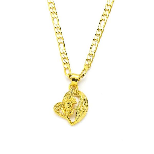 Colgante de rosa en forma de corazón de oro amarillo macizo de 14 k GF collar de cadena de eslabones Figaro italiano 24 3 mm para mujer234U