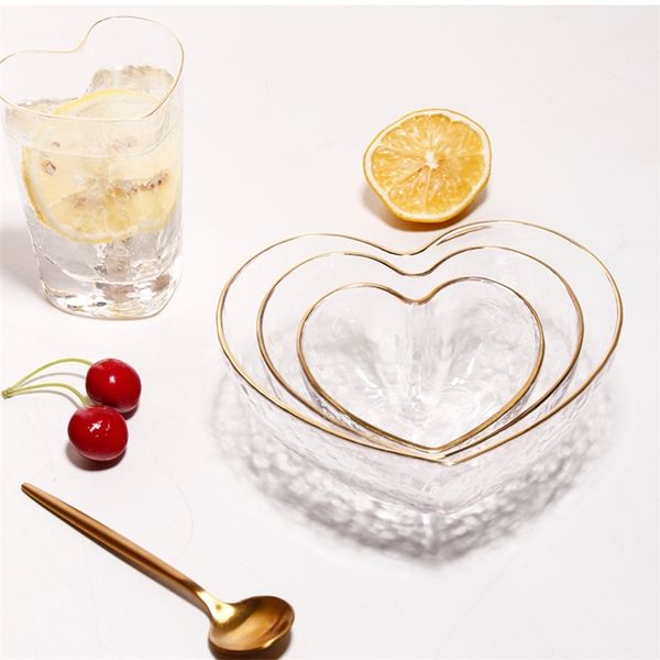 Tazones en forma de corazón y juego de tazas Estilo japonés Borde de oro Vidrio transparente Ensalada de alimentos Avena Fruta Postre Bocadillo Plato Agua Leche Taza de té 210706