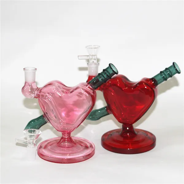 Narguilés en forme de coeur Rose rouge Couleur Bongs en verre Conduites d'eau Dab Oil Rigs avec 14mm Fumer des bols d'herbes sèches Nectar Bong