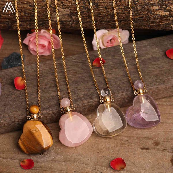 Colgante botella Perfume en forma de corazón amatistas naturales cuarzo rosa labradorita cadenas de oro collar para mujer joyería Boho