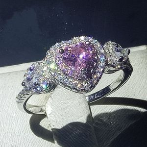 Anillo de promesa en forma de corazón 100% Real Soild 925 Joyas de plata esterlina Zafiro rosa CZ Anillos de boda de compromiso de diamante para mujeres hombres