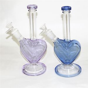 Forme de coeur violet rose verre Bong narguilés huile Dab plates-formes 9 pouces recycleur conduites d'eau 14mm Joint femelle avec bol