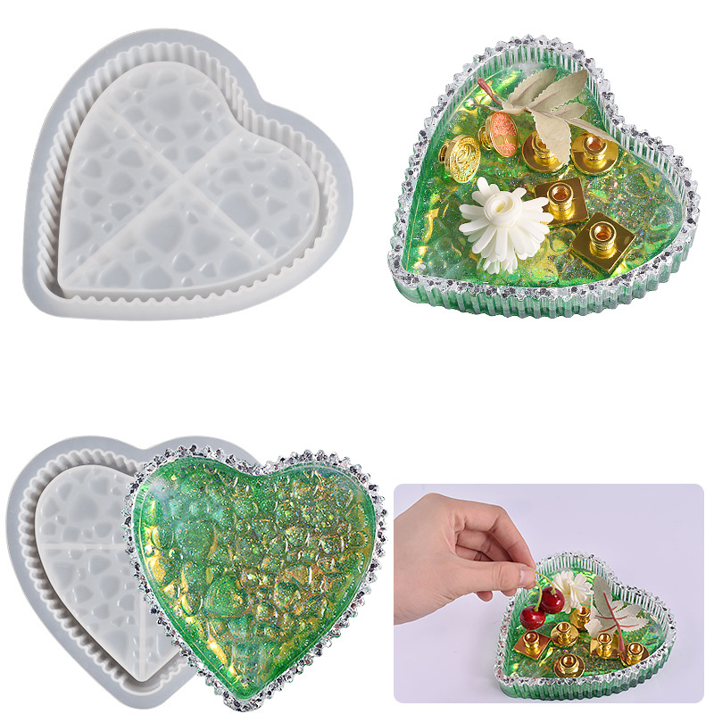 Moldes de bandeja de plato de resina en forma de corazón con borde de onda y molde de placa de joyería de silicona flexible inferior de marca de agua