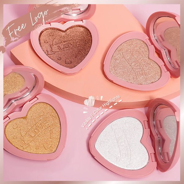 Forme de coeur Spose de poudre pressée palette de surligneur personnalisé maquillage de face bronzer personnalisée éclaircissant cosmétique avec emballage miroir 240327