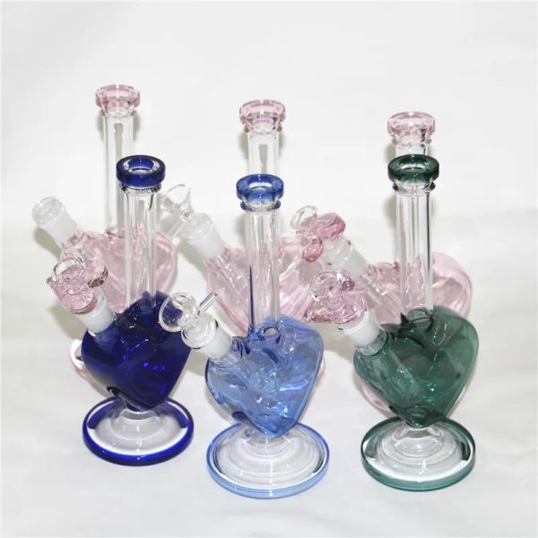 Bangs d'eau en forme de coeur bong en verre plate-forme pétrolière pipes à fumer narguilés avec glissière vers le bas et bols mâles attrape-cendres de 14 mm bol en forme de coeur LL