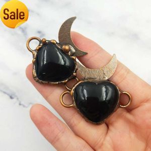 Hartvormige zwarte obsidiaan natuursteen charme maan armband brons metaal rand edelsteen connector mannen vrouwen sieraden handgemaakt