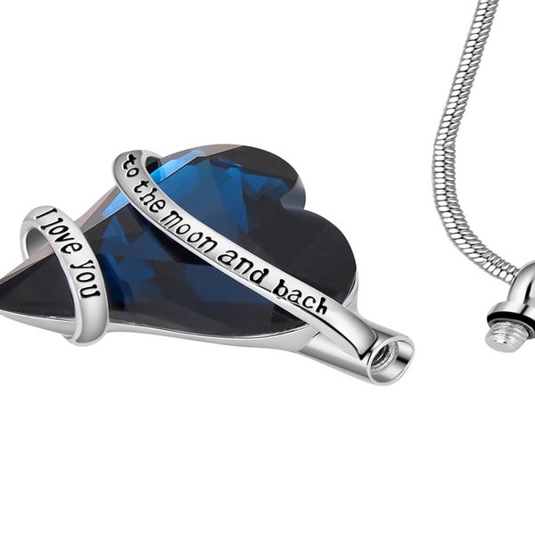 Pendentif d'urne de crémation en forme de coeur avec collier pendentif de cendres de pierres précieuses bleues incrustées, bijoux souvenirs pour commémorer la famille-je t'aime