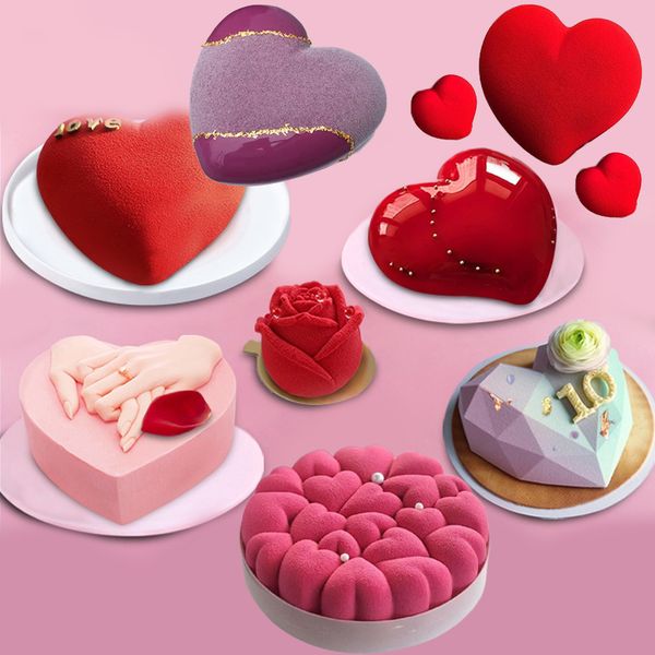 Moldes de pastelería para Mousse en forma de corazón, moldes de silicona para pasteles, herramientas para hornear postres de rosas para el Día de San Valentín, utensilios de cocina para hornear