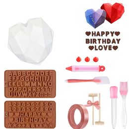 Coeur Silicone Moules Set Saint Valentin Les plateaux de moule de gâteau de la Saint-Valentin cassable coeurs Moule à chocolat avec des marteaux en bois Moules de lettre pour les outils de cuisson HH21-886