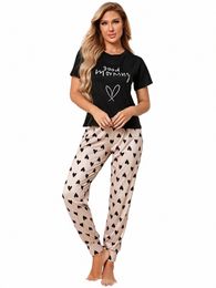 Coeur Slogan Imprimer Lounge Pyjamas Set manches courtes ras du cou Top Joggers Femmes Loungewear Vêtements de nuit k5UC #