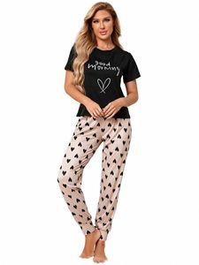 Loungepyjama met hartlogoprint en korte mouwen Top met ronde hals Joggers Loungewear voor dames Nachtkleding k5UC#