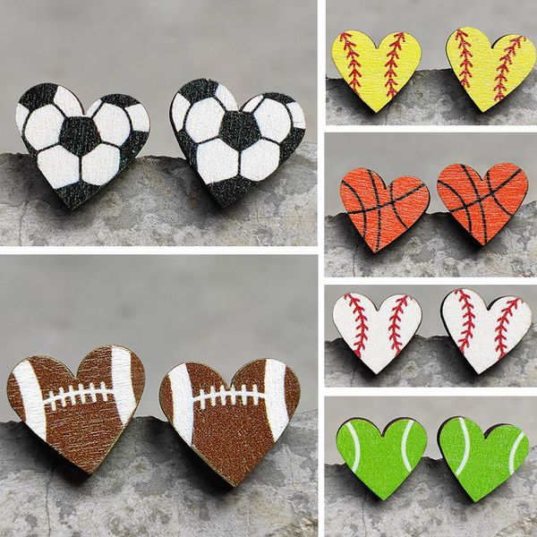 Pendientes de tuerca de béisbol con forma de corazón, accesorios de moda, Rugby, fútbol, baloncesto