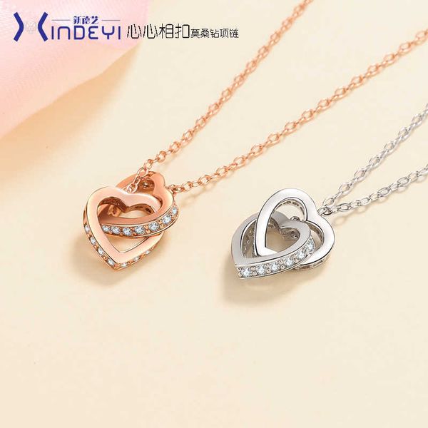 Collar de piedra de mosang de corazón a corazón cadena de cuello de plata S925 para mujer cadena de oro rosa galvanizada