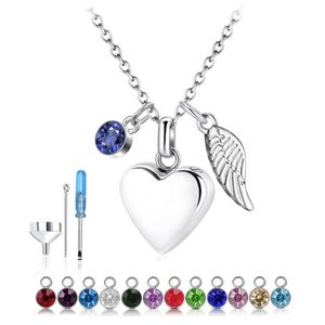 Coeur avec ailes d'ange et pierre de naissance pendentif collier crémation urne mode bijoux souvenir mémorial pour les cendres d'animaux humains