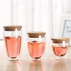 Tasse à jus de café et vin à isolation thermique, verre à Double paroi BPA pour Bar, tasse à café de voyage avec couvercle en bambou Q1222265R