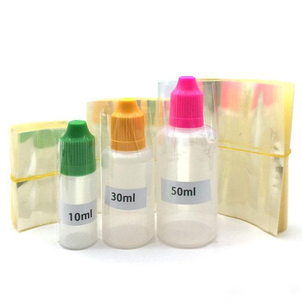 Bouteilles d'emballage de film rétractable en PVC thermorétractable pour 5 ml 10 ml 15 ml 20 ml 30 ml 50 ml e-juice e-liquide compte-gouttes bouteille transparente rétrécit les joints de manchon chauffe rétractable