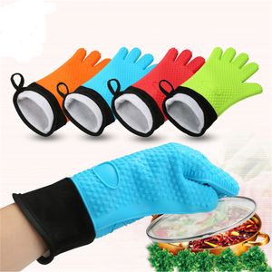 Guantes de cocina resistentes al calor Guantes para asar de silicona Guantes largos impermeables para barbacoa Cocina Horno Mitones con capa interior de algodón JK2005