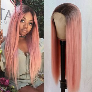 Hittebestendige Middelste Deel Ombre Roze Kleur Pruik Lang Haar Lijmloze Zijdeachtige Rechte Lace Front Pruiken Donkere Wortels Synthetische Pruiken Voor Zwarte Vrouwen