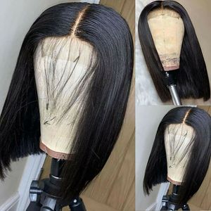 Peluca con malla frontal sintética estilo Bob corto resistente al calor para mujeres negras, línea de cabello Natural prearrancada atada a mano, 14 pulgadas