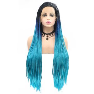 Cheveux synthétiques résistants à la chaleur ombre Couleur à trois tons 1b / bleu / ciel bleu long traids Braids en dentelle Perruque avant pour les femmes noires