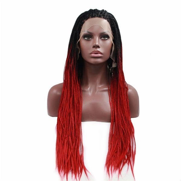 Pelo sintético resistente al calor Ombre Color de dos tonos 1b / caja larga roja Trenzas Peluca delantera de encaje para mujeres negras Entrega rápida rápida