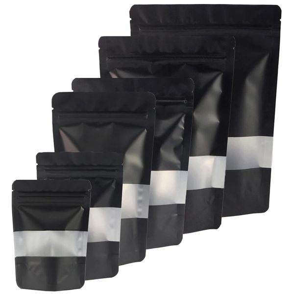 Sacs d'emballage à fermeture éclair thermoscellés, feuille d'aluminium Mylar, encoche à déchirer, sac debout noir mat avec fenêtre, vente en gros LX4833