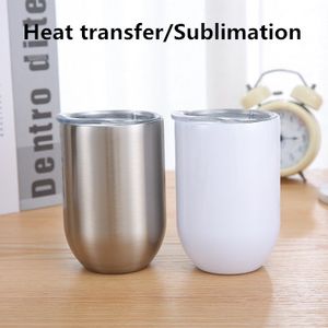 Sublimation 12 oz Gobelets à vin Tasses à café Transfert de chaleur Gobelet à œufs Tasses à eau en acier inoxydable à double paroi avec couvercle coulissant Bouteille d'eau blanche vierge