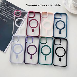 Funda de teléfono transparente magnética acrílica galvanizada a prueba de golpes para iPhone 15 14 13 12 11 Pro Max con bolsa OPP