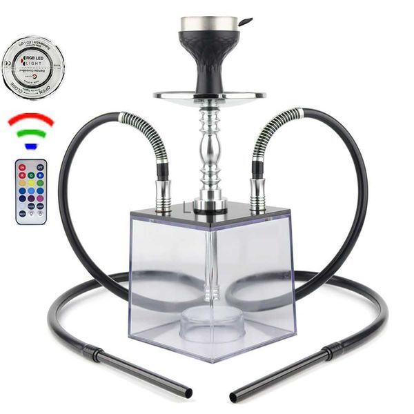 Chauffe Set Tuyaux Carré Chicha Box Tabac Inox Narguilé Shisha Avec Acrylique Complet Lumière Nice Nargile 2 42cm Acier HKD230809