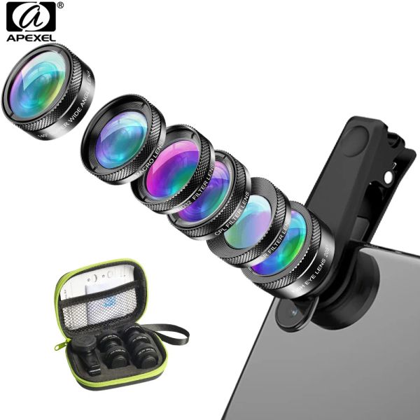 Chauffage Apexel Nouveau 6in1 Kit Camera Lens Photographer Photographe Mobile Phone Lens Kit Macro Wide Angle Fish Eye CPL Filtre pour iPhone Xiaomi MI9
