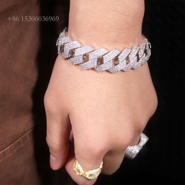 Pulsera cubana de cadena de diamantes de moissanita VVS con eslabones de plata esterlina de 20 mm de ancho para hombres