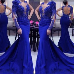 Zware Kralen Sheer Mouwen Mermaid Prom Dresses 2018 Royal Blue Illusion Neck Avondjurken Sheer Back Cocktail Formele Feestjurk