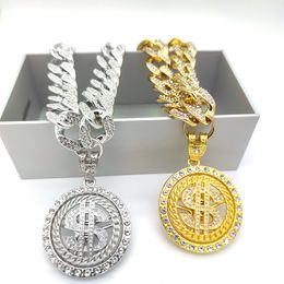 Pendentif symbole du dollar américain rotatif en cuivre lourd, collier tendance haut de gamme en médaille d'or (acrylique) avec diamants, barre à bulles rotative pour boîte de nuit cubaine