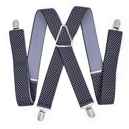 Grandes bretelles robustes pour hommes, pantalons élastiques réglables à dos en X, bretelles pour pantalons de 55 pouces, clips imprimés à pois sur noir 240111
