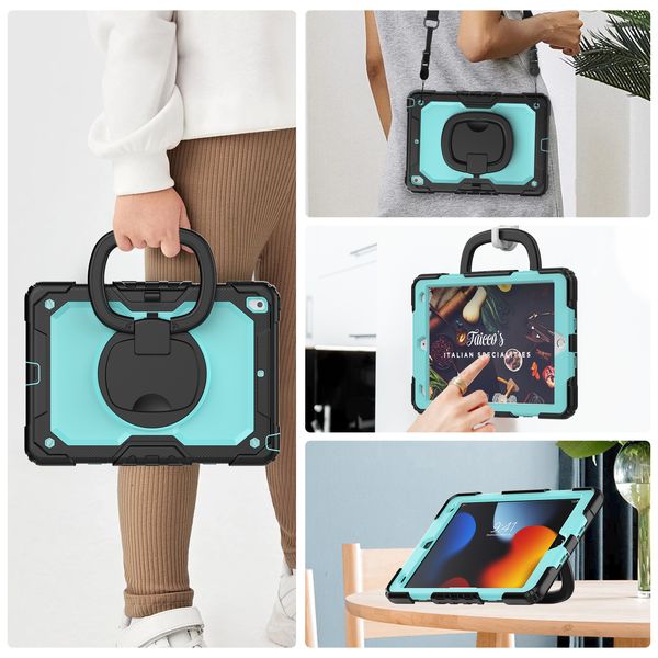 Para iPad 10.2 pulgadas 7.ª 8.ª 9.ª generación Funda con mango plegable y soporte giratorio 360 Funda protectora resistente a prueba de golpes para niños con soporte para bolígrafo S + correa para el hombro