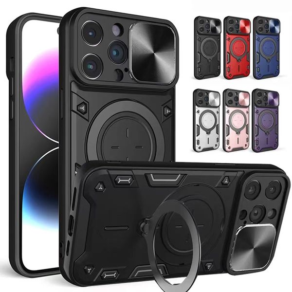 Cajas de teléfono de alta resistencia para iPhone 15 14 13 12 11 Pro Max XR XS 8 7 Plus Cámara magnética Protector de diapositivas Anillo 360 Girar Kickstand Cubierta a prueba de golpes