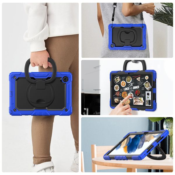 Funda con soporte giratorio 360 con mango para Samsung Galaxy Tab A8 de 10,5 pulgadas, silicona resistente + PC resistente a los golpes, funda para tableta segura para niños + correas para los hombros con película de pantalla PET