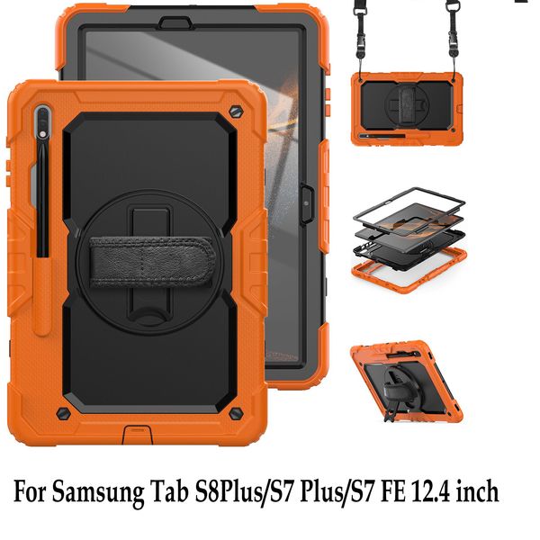 Étui résistant aux chocs pour Samsung Galaxy Tab S8 + S8 Plus 12,4 pouces S7 fe dragonne support rotatif à 360 degrés housse de tablette + porte-stylo + protecteur d'écran en PET + bandoulière