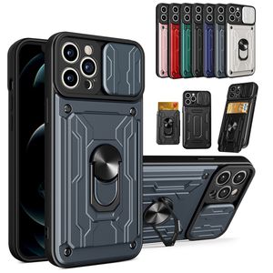 Heavy Duty Slide Camera Bescherming Kaartsleuf Cases Armor Schokbestendige standaard voor iPhone 14 13 12 11 Pro MAX XR XS Max 8 Samsung S20 FE S21 Ultra A10S A20S A21S A31 A51 A7 5G