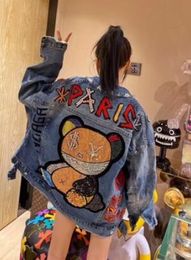 Zware Hot Boren Cartoon Herfst Beer Denim Jas voor Vrouwen Mode Lange Mouw Losse Jeans Jassen Vrouwelijke Casual Bovenkleding G2CD GDZ7