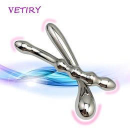 Consolador falso de doble Metal de acero inoxidable para adultos, varita de punto G, cuentas anales, tapón Anal, masajeador de próstata, juguetes vaginales sexys