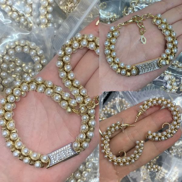 Industria pesada Collar de diamantes con incrustaciones de geometría de perlas de doble capa Pulsera de doble fila Cadena para el cuello Celebridad de lujo Conjuntos de joyería femenina Compromiso Boda