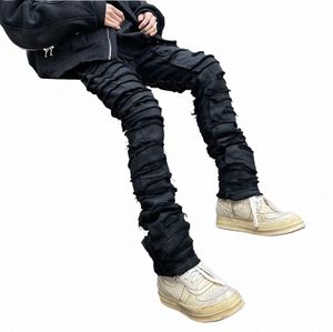 Trou de l'industrie lourde effiloché Destructi Jeans cirés pour hommes High Street Retro Pantalon crayon déchiré droit Pantalon en denim surdimensionné D9gO #