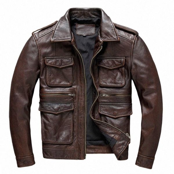 Industria pesada M65 Caza Chaqueta de cuero de cuero de vaca Herramientas para hombres Vintage Rojo Marrón Abrigos de cuero genuino Envío gratis Tallas grandes D9NF #