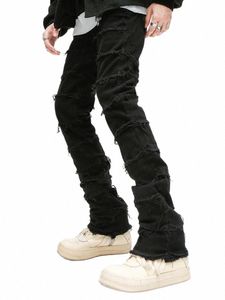 Pantalones rectos negros de los hombres de la industria pesada Slim Fit Jeans apilados Pantalones de mezclilla ocasionales o69N #