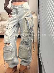 Pantaloni cargo lavati multitasche per l'industria pesante Donna Y2K Jeans vintage larghi a gamba dritta larghi a vita alta 240116