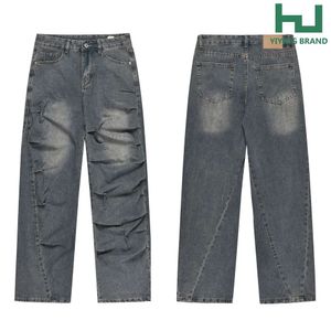 Industrie lourde lavée et usée plissée pantalon de singe pantalon droit de jambe droite, pantalon long et polyvalent pour hommes et femmes